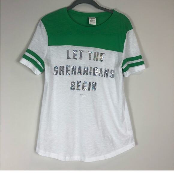 PINK Victoria’s Secret green and white tshirt with silver sequins - Picture 1 of 6